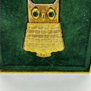 70’s Gold Owl Brooch Locket with Green Gem Eyes